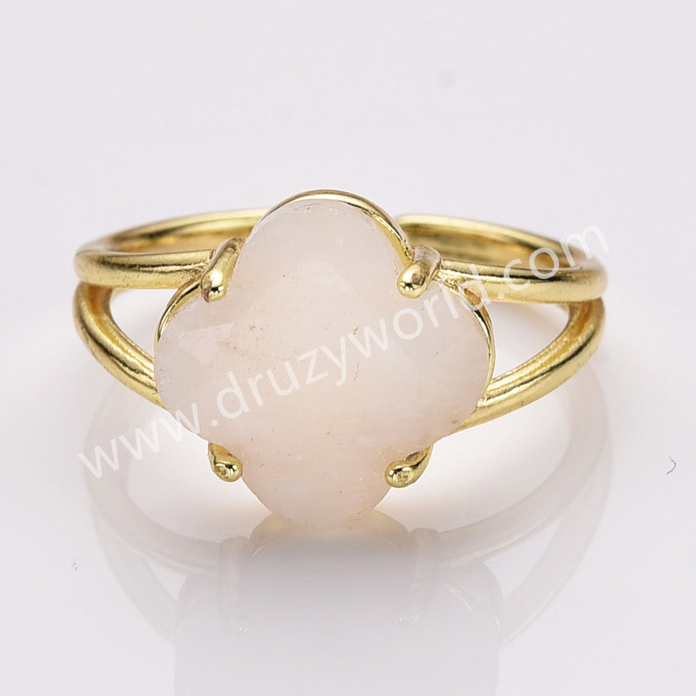 Gold Plated Clover Shape Opalite Crystal Stone Faceted Adjustable Ring WX2266