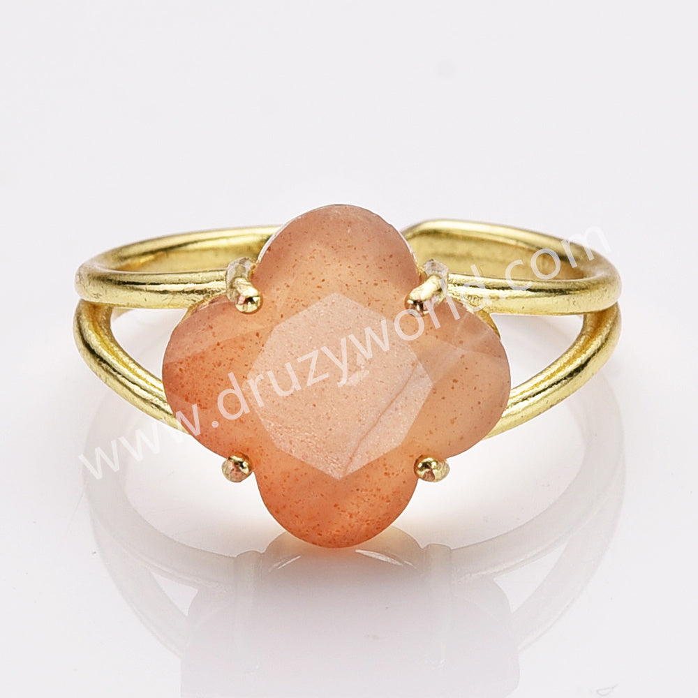 Gold Plated Clover Shape Opalite Crystal Stone Faceted Adjustable Ring WX2266