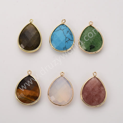 Big Teardrop Colorful Gemstone Faceted Charms, Gold Plated Natural Stone DIY Jewelry Pendant WX2267