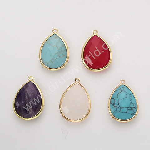 Gold Plated Multi Natural Stones Drop Charm Pendants, Gemstone DIY Jewelry Pendant WX2268