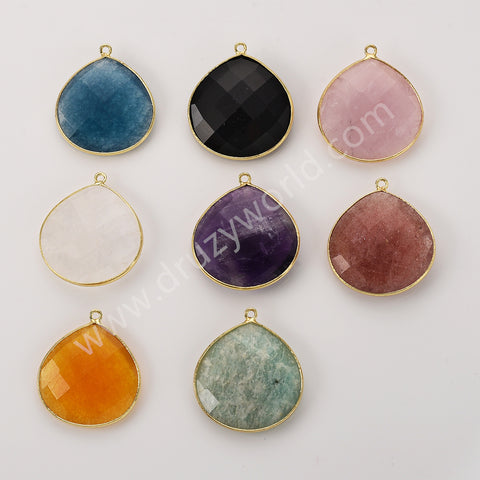 Gold Plated Teardrop Multi Stones Charms, Natural Crystal Gemstone DIY Jewelry Pendant WX2271