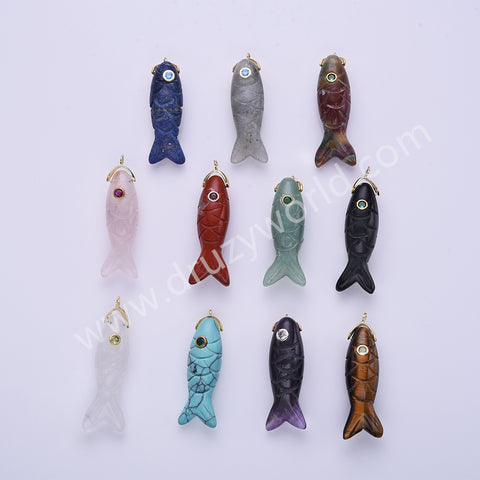 Fish Shaped Natural Stone Paved With CZ Gold Pendant WX2273
