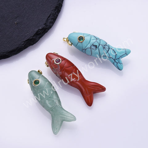 Fish Shaped Natural Stone Paved With CZ Gold Pendant WX2273