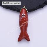 Fish Shaped Natural Stone Paved With CZ Gold Pendant WX2273