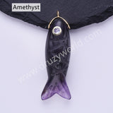 Fish Shaped Natural Stone Paved With CZ Gold Pendant WX2273