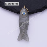 Fish Shaped Natural Stone Paved With CZ Gold Pendant WX2273