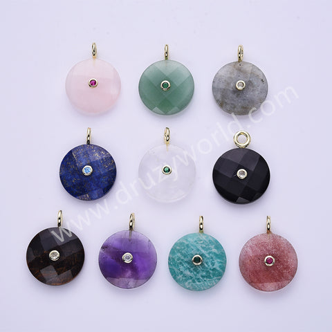 Faceted Circle Round Natural Gemstone CZ Gold Plated Pendant WX2276