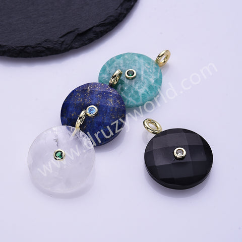 Faceted Circle Round Natural Gemstone CZ Gold Plated Pendant WX2276