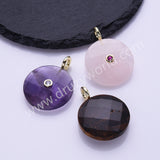 Faceted Circle Round Natural Gemstone CZ Gold Plated Pendant WX2276