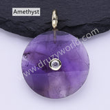 Faceted Circle Round Natural Gemstone CZ Gold Plated Pendant WX2276