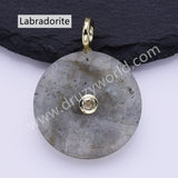Faceted Circle Round Natural Gemstone CZ Gold Plated Pendant WX2276