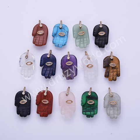 Palm Shaped Natural Stone CZ Evil Eye Gold Plated Pendant WX2278