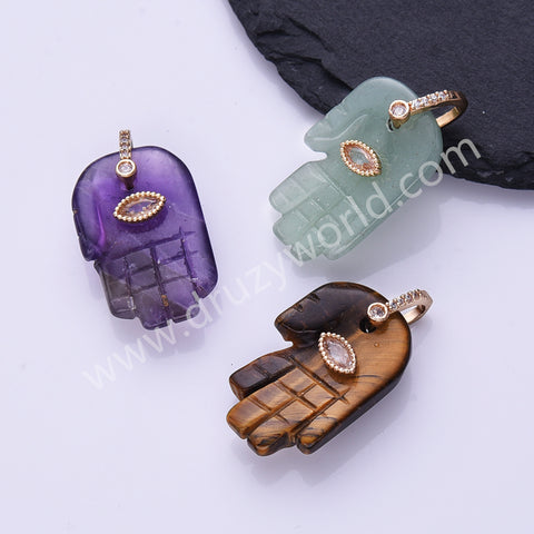 Palm Shaped Natural Stone CZ Evil Eye Gold Plated Pendant WX2278