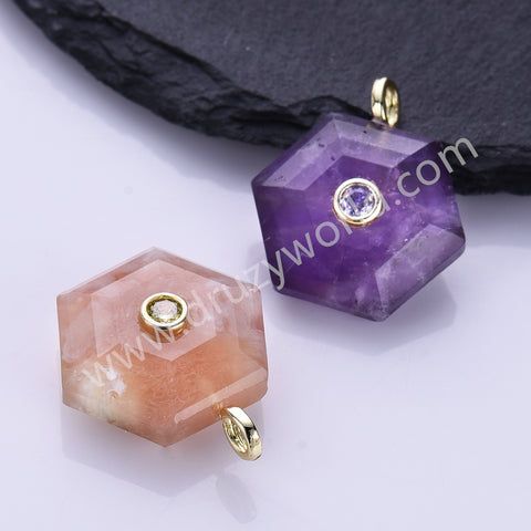 Hexagon Natural Stone CZ Gold Plated Pendant WX2280