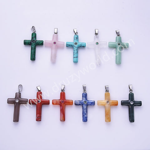 Gemstone Cross Silver Plated Natural Stone CZ Pendant WX2282