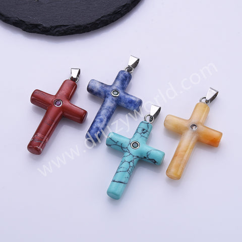 Gemstone Cross Silver Plated Natural Stone CZ Pendant WX2282