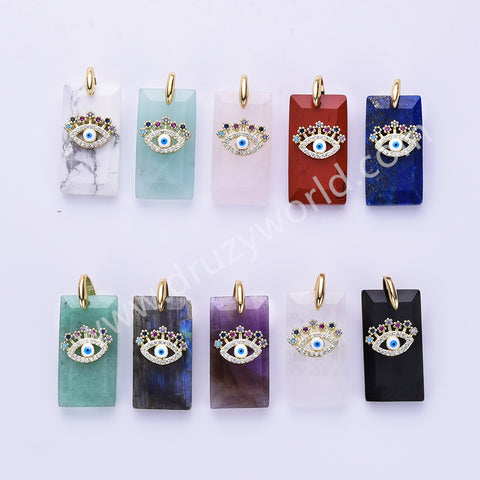 Rectangle Natural Stone Rainbow CZ Evil Eye Gold Plated Pendant WX2284