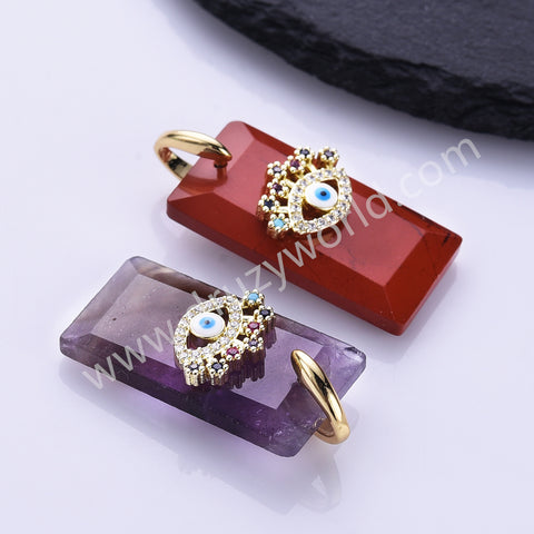 Rectangle Natural Stone Rainbow CZ Evil Eye Gold Plated Pendant WX2284