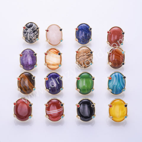 Big Oval Natural Stones Open Ring in Gold Plated WX2286