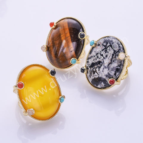 Big Oval Natural Stones Open Ring in Gold Plated WX2286