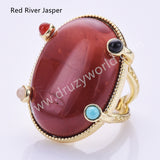 Big Oval Natural Stones Open Ring in Gold Plated WX2286