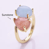 Oval Aquamarine & Teardrop Gemstone Adjustable Ring in Gold Plated, Double-stone Ring WX2287