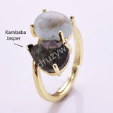 Oval Aquamarine & Teardrop Gemstone Adjustable Ring in Gold Plated, Double-stone Ring WX2287
