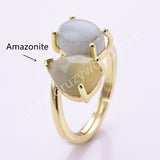 Oval Aquamarine & Teardrop Gemstone Adjustable Ring in Gold Plated, Double-stone Ring WX2287