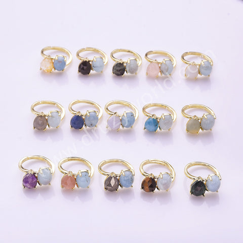 Oval Aquamarine & Teardrop Gemstone Adjustable Ring in Gold Plated, Double-stone Ring WX2287