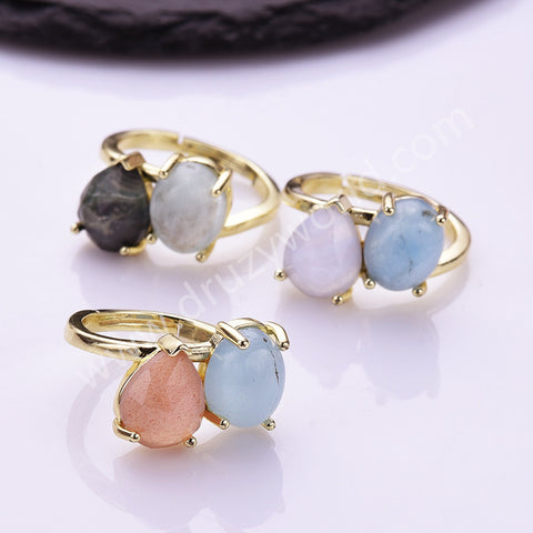 Oval Aquamarine & Teardrop Gemstone Adjustable Ring in Gold Plated, Double-stone Ring WX2287