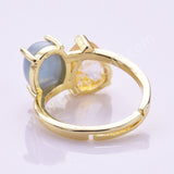 Oval Aquamarine & Teardrop Gemstone Adjustable Ring in Gold Plated, Double-stone Ring WX2287