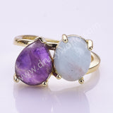 Oval Aquamarine & Teardrop Gemstone Adjustable Ring in Gold Plated, Double-stone Ring WX2287