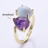 Oval Aquamarine & Teardrop Gemstone Adjustable Ring in Gold Plated, Double-stone Ring WX2287