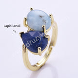Oval Aquamarine & Teardrop Gemstone Adjustable Ring in Gold Plated, Double-stone Ring WX2287