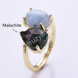 Oval Aquamarine & Teardrop Gemstone Adjustable Ring in Gold Plated, Double-stone Ring WX2287