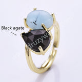 Oval Aquamarine & Teardrop Gemstone Adjustable Ring in Gold Plated, Double-stone Ring WX2287