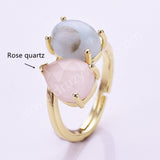 Oval Aquamarine & Teardrop Gemstone Adjustable Ring in Gold Plated, Double-stone Ring WX2287