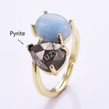 Oval Aquamarine & Teardrop Gemstone Adjustable Ring in Gold Plated, Double-stone Ring WX2287