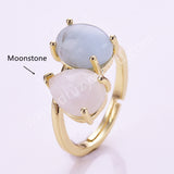 Oval Aquamarine & Teardrop Gemstone Adjustable Ring in Gold Plated, Double-stone Ring WX2287