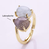 Oval Aquamarine & Teardrop Gemstone Adjustable Ring in Gold Plated, Double-stone Ring WX2287