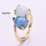 Oval Aquamarine & Teardrop Gemstone Adjustable Ring in Gold Plated, Double-stone Ring WX2287