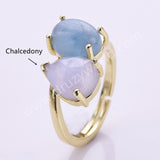 Oval Aquamarine & Teardrop Gemstone Adjustable Ring in Gold Plated, Double-stone Ring WX2287