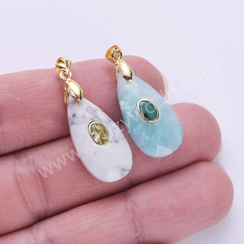Long Teardrop Multi-kind Natural Stones Paved With CZ Pendant in Gold Plated WX2291