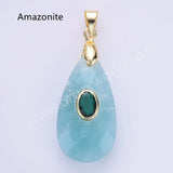 Long Teardrop Multi-kind Natural Stones Paved With CZ Pendant in Gold Plated WX2291