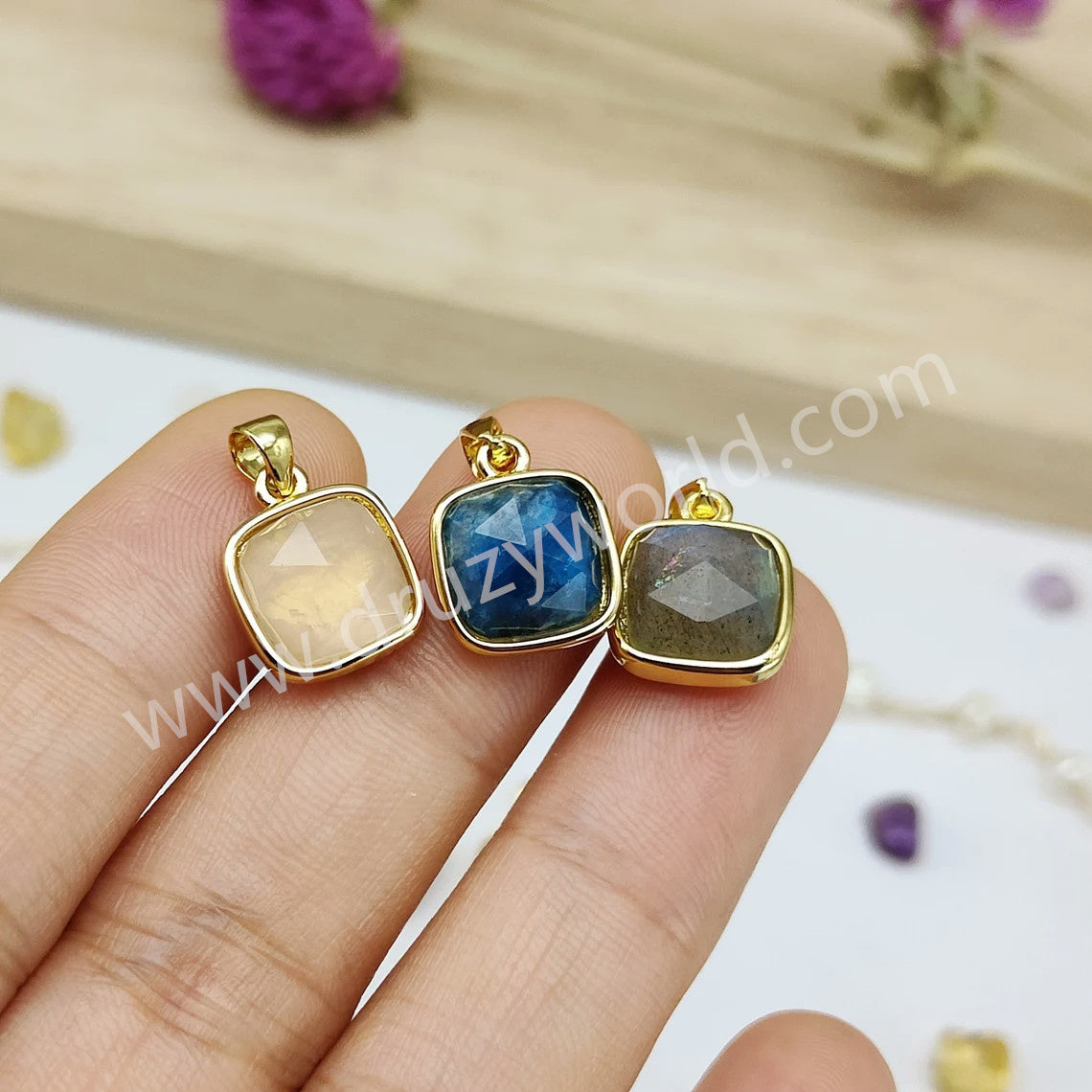 Square Rainbow Gemstone Faceted Gold Bezel Charm Pendants, For DIY Jewelry Making WX986
