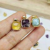 Square Rainbow Gemstone Faceted Gold Bezel Charm Pendants, For DIY Jewelry Making WX986