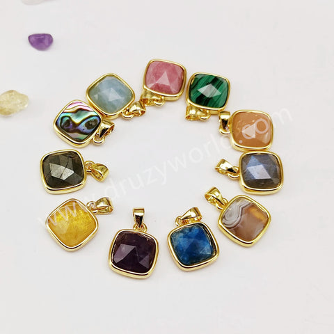 Square Rainbow Gemstone Faceted Gold Bezel Charm Pendants, For DIY Jewelry Making WX986