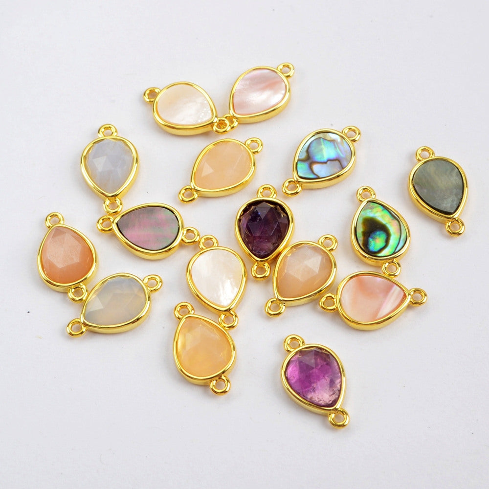 Teardrop Rainbow Gemstone Amethyst Crystals Gold Bezel Connectors, Birthstone DIY Jewelry Charms WX989