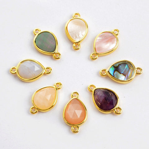 Teardrop Rainbow Gemstone Amethyst Crystals Gold Bezel Connectors, Birthstone DIY Jewelry Charms WX989