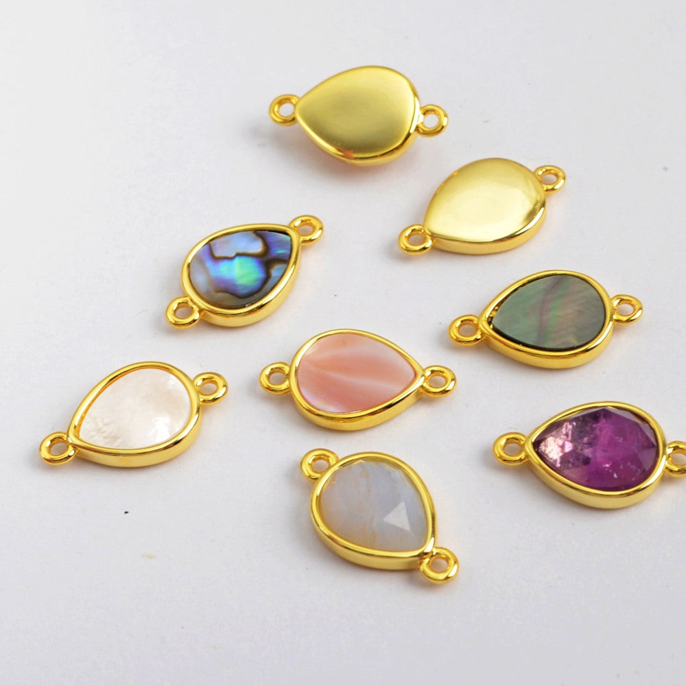 Teardrop Rainbow Gemstone Amethyst Crystals Gold Bezel Connectors, Birthstone DIY Jewelry Charms WX989